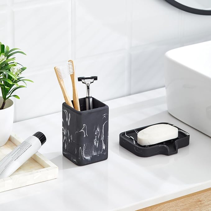 Toothbrush Holder and Soap Dish Set, Resin Toothbrush Cup Bathroom Cup Tumbler Marble Design, Self Draining Bar Soap Holder Shower for Bathroom Holder and Organizer, Black