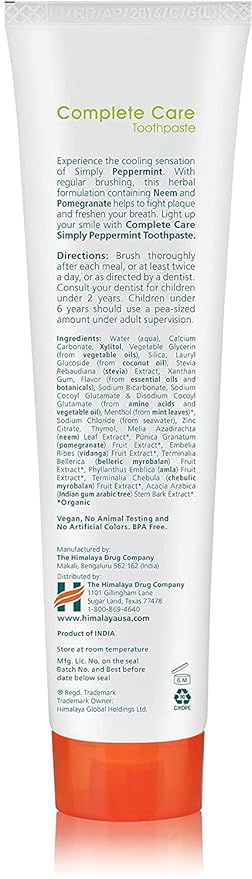 Himalaya Botanique Complete Care Toothpaste with Xylitol and Neem, Mint Flavor - Fluoride Free Toothpaste for Clean Teeth & Fresh Breath - Vegan, Gluten Free, No Artificial Flavors or Colors, 5.29 oz