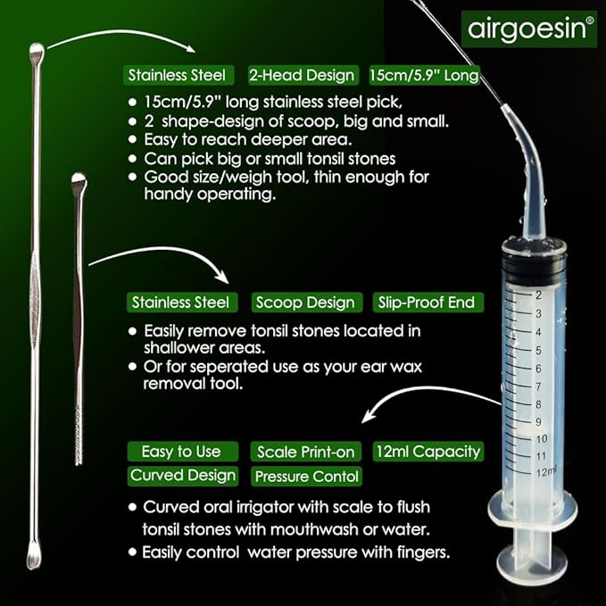 Airgoesin™ Upgraded Tonsil Stone Remover Tool, Yellow, 5 Tips, Tonsillolith Pick Case + 1 Irrigator Fresh Breath Oral Rinse