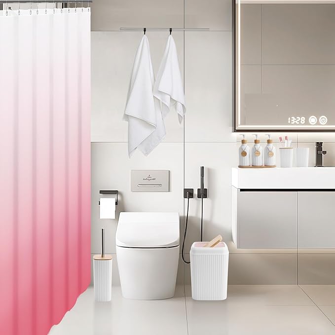 32PCS White Bathroom Accessories Set with Shower Curtain,Bath Towel,Trash Can,3PCS Lotion Soap Dispenser,Toothbrush Holder,Soap Dish,Tumbler Cup,6PCS Wood Tags Bath Accessories with Tray