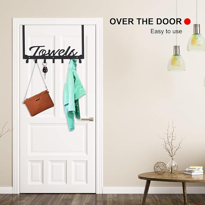2 Pack Over The Door Hooks, Towel Rack for Bathroom Towel Holder for Hanging Heavy Duty, Over Door Towel Hanger with 14 Coat Hooks for Bedroom Bathroom Kitchen Towels, Bags, Hats - Black