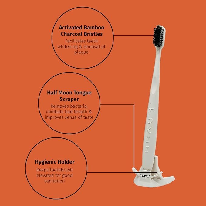 TOKII Tongue Scraper Cleaner Charcoal Bristles Toothbrush for Bad Breath with Waterproof Pouch for Travel, Hygienic Stand and Enviromentally Friendly (Black, Pack of 2)