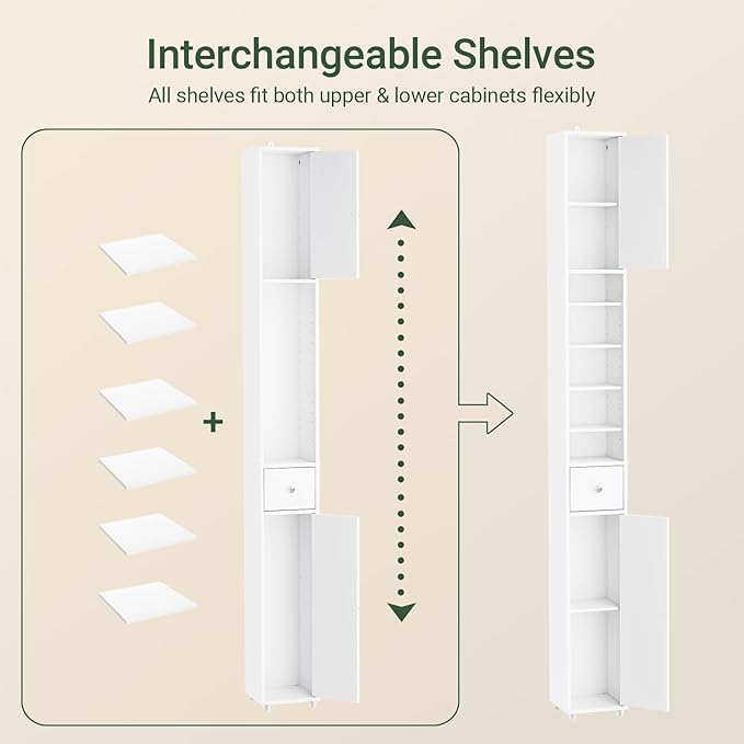 SoBuy Bathroom Narrow Storage Cabinet, Skinny Tall Unit with Adjustable Shelves Slender, Bathroom Organizers and Storage, Anti-Tipping Floor Standing Cupboard Laundry Room, White BZR34-W