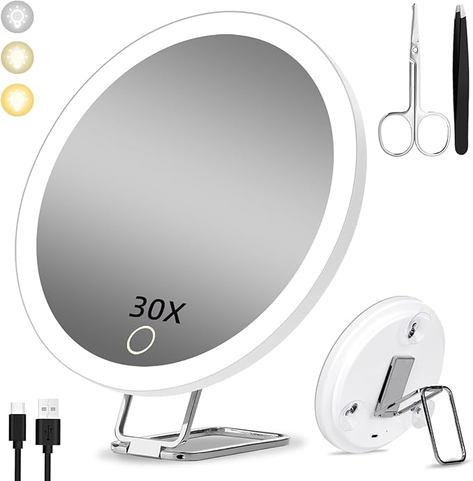 Rechargeable 30X LED Magnifying Mirror with 3 Colors Modes Dimming Light, 6" Makeup Mirror with 3 Suction Cups and 360 Table Stand