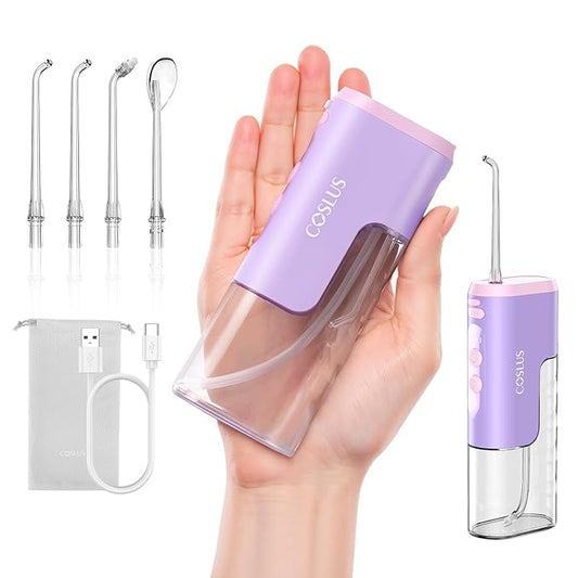 COSLUS Mini Water Flosser for Travel: Portable Compact Design, Cordless Oral Irrigator with 4 Jet Tips, Removable Tank & IPX7 Waterproof for Braces, Sensitive Teeth & On-The-Go Use, Pink Purple, T40