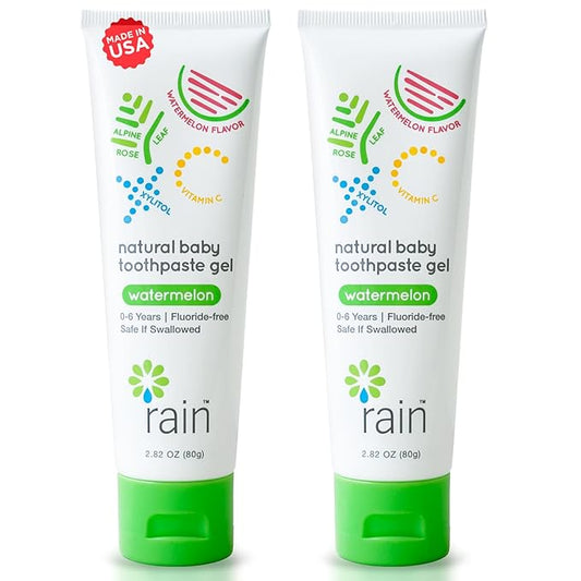 Baby Toothpaste 6 to 12 Months - Rain Fluoride Free Tooth Paste Gel for Infant Toddler Kids 0-6 Years and Up, Safe to Swallow, 2.8 Oz, Babies Training, Xylitol, Vitamin C, Vegan, SLS Free, Gluten Free
