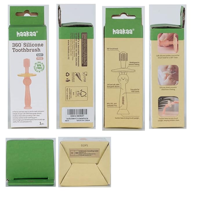 haakaa 360° Baby Toothbrush with Suction Base - Gentle Cleaning for Toddler's Self-Brushing Training, Food-Grade Silicone, Adjustable Safety Shield - Pink (1 Piece)