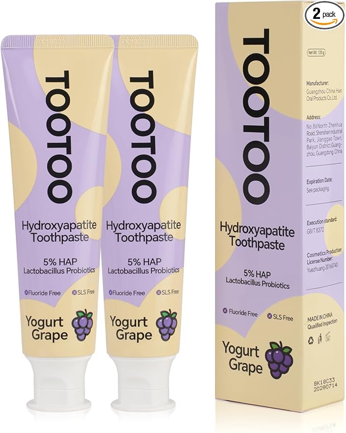 TooToo Fluoride Free Kids Hydroxyapatite Toothpaste - Probiotics & Xylitol Toothpaste - Safe to Swallow, All Natural - Yogurt Grape Favor, 8.4 OZ