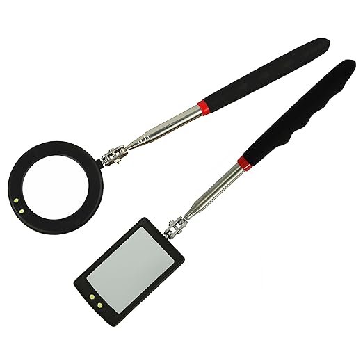 Telescoping Inspection Circular 360 Mirror with 2 LED Light Mirror and Mirror on a Stick and Extendable Mechanic Tool for Automotive Flexible Circular Mirror Diabetic Mirror for feet