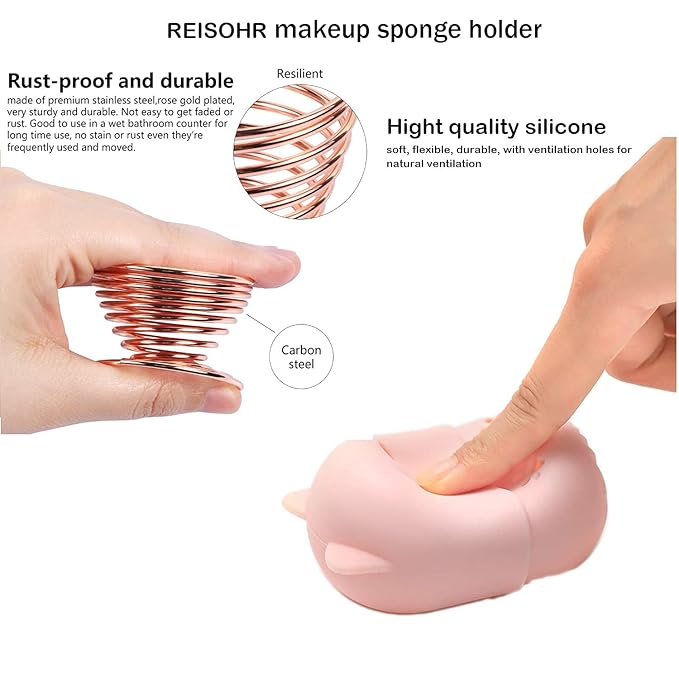 Makeup Sponge Holder, Beauty Sponge Holder + Makeup Blender Travel Case Beauty Sponge Blender Drying Stand & Storage Containers - Pink + Gold