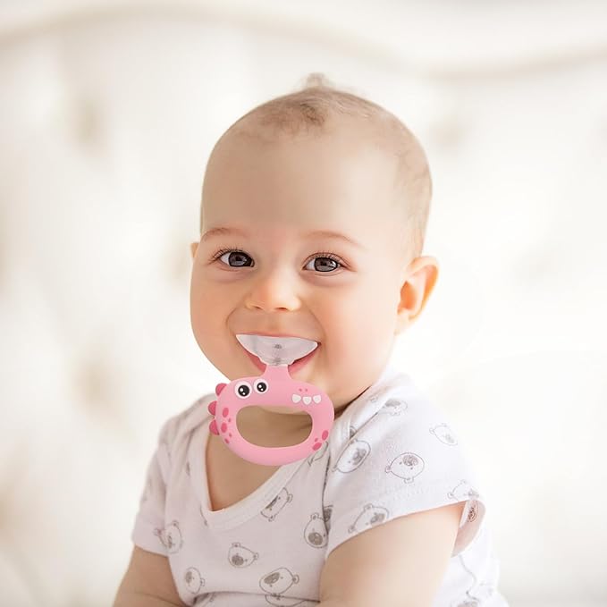 U Shaped Kids Toothbrush for Oral Care - 360° Rotating Silicone Head - Manual Self Brushing Toothbrush - Dinosaur Fun Brush for Ages 0-3 Kids Pink