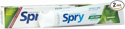 Spry Natural Xylitol Toothpaste 5oz for Adults and Kids with Fluoride, Gentle for Sensitive Teeth Whitening and Remineralizing, Breath Freshening, Mouth Moisturizing, Spearmint (Pack of 2)