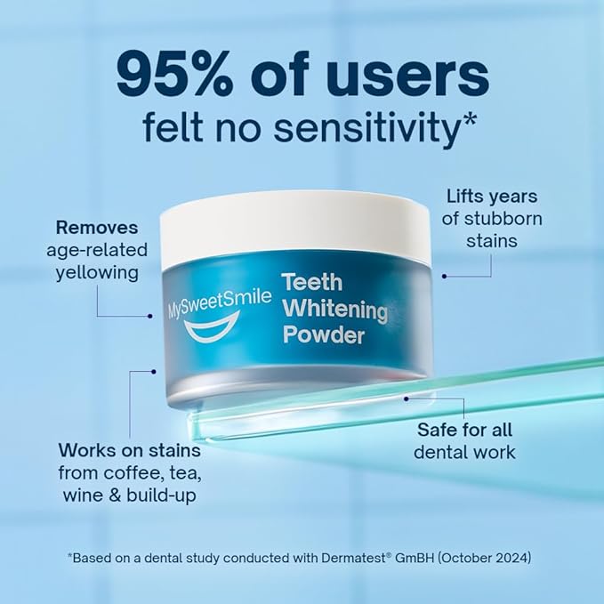 MySweetSmile Teeth Whitening Powder - Dentist-Approved & Enamel-Safe | 6 Month Supply | Tea, Coffee, Wine & Smoking Stain Remover | Non-Sensitive Formula | Peroxide Free | Cool Mint Flavour
