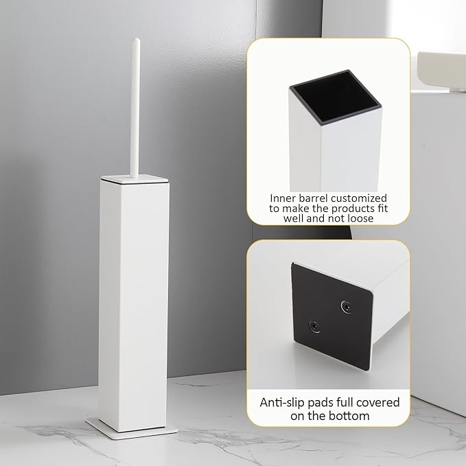 Toilet Brush and Holder Floor Standing, White with 2 Replaceable Heads, Bathroom Toilet Brush, Freestanding Toilet Bowl Brush with Removable Liner and Splash Guard, Modern Square Design