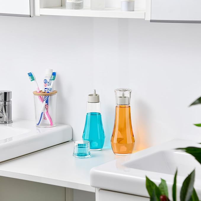 VITVITI Glass Mouthwash Dispenser for Bathroom, 8.8OZ Mouth Wash Container Bottle with Lid Cup, Small Clear Refillable Mouthwash Dispenser Decanter for Countertop, Set of 2