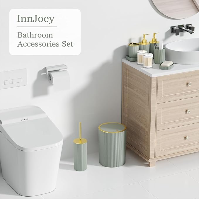 Sage Green Bathroom Accessories Set, 10PC Bathroom Set, Bath Accessory with Pop Up Trash Can, Soap Dispenser, Toilet Brush, Toothbrush Set Qtip Holders & Tray