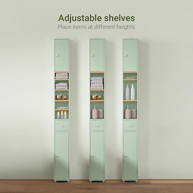 SoBuy Bathroom Narrow Storage Cabinet Skinny Tall Unit with Adjustable Shelves Slender Anti-Tipping Floor Standing Cupboard, Light Green BZR34-GR
