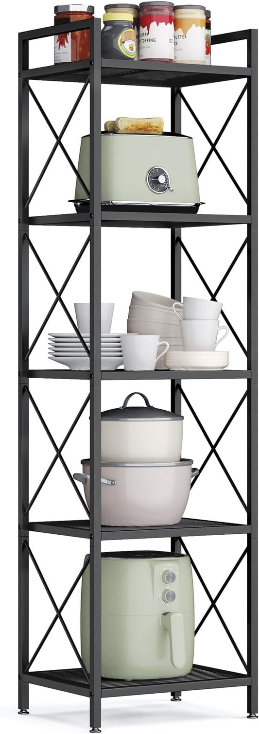 SONGMICS 5-Tier Metal Storage Rack, Shelving Unit with X Side Frames, Dense Mesh, 12.6 x 15.7 x 57.3 Inches, for Entryway, Kitchen, Living Room, Bathroom, Industrial Style, Ink Black UBSC145B01