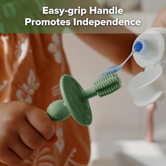 haakaa 360° Baby Toothbrush with Suction Base - Gentle Cleaning for Toddler's Self-Brushing Training, Food-Grade Silicone, Adjustable Safety Shield - Jade (1 Piece)