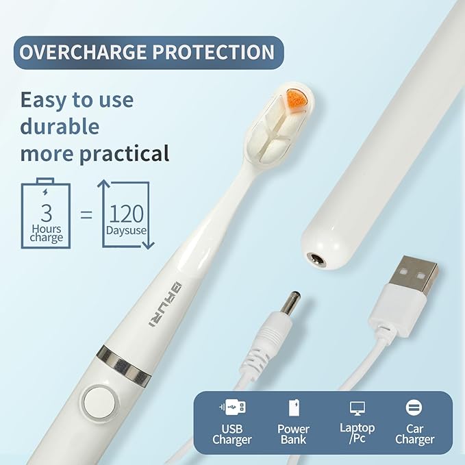 Bauri Electric Toothbrush, Rechargeable Sonic Electric Toothbrush with 3 Brush Heads,Super Slim Toothbrush, IPX7,3 Modes,Toothbrush (White)