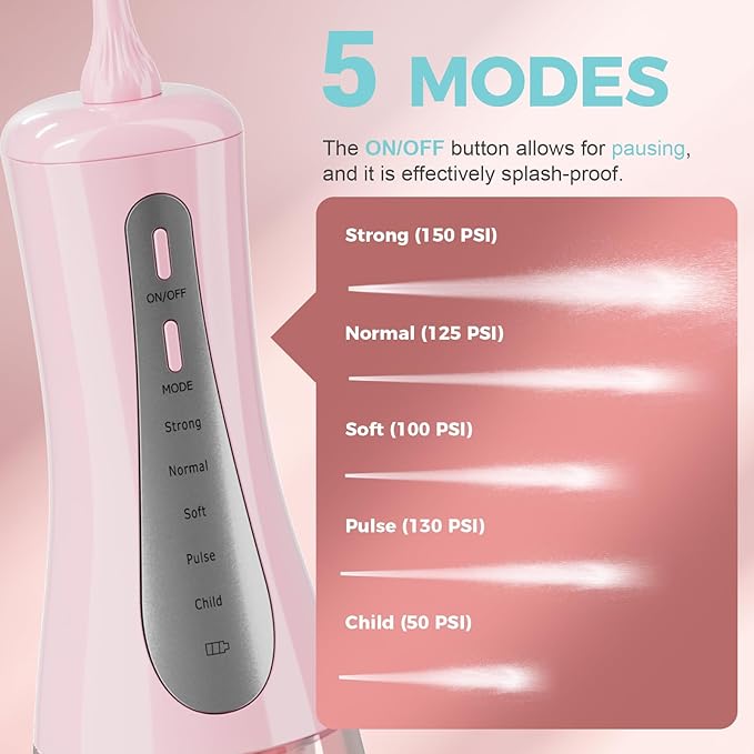 2026 Upgrade Portable Cordless Water Flosser, 350ML Tank & Travel Storage Bag, 5 Modes IPX7 Waterproof for Home & Travel, USB Rechargeable Electric Dental Flosser for Teeth Cleaning (Pink)