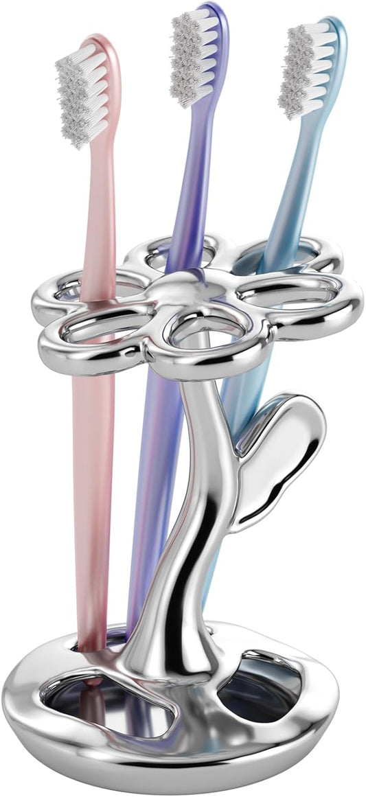Toothbrush Holder for Bathroom, Flower Shape Ceramic Toothbrush Organiser, Holds 6 Standard Brushes (Silver)