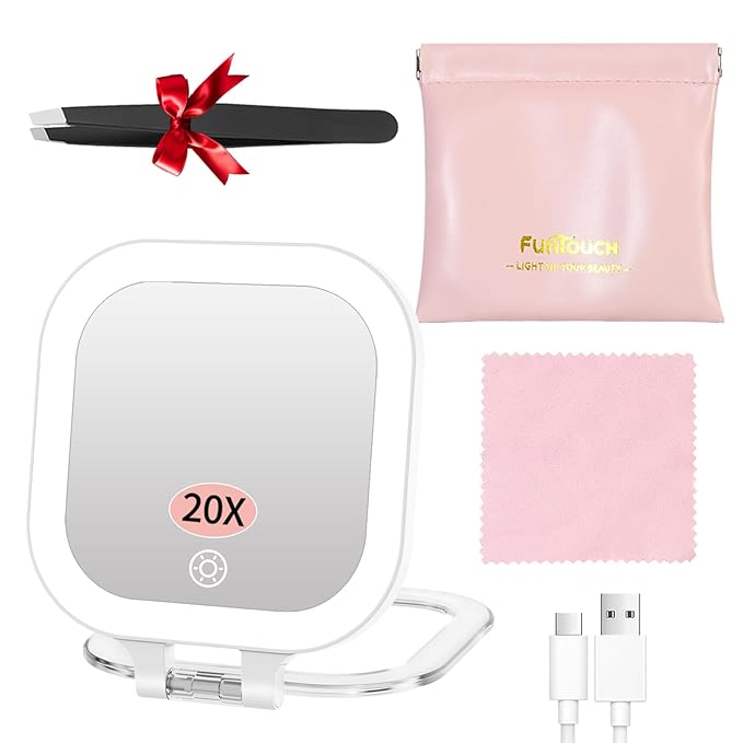 FUNTOUCH Travel Magnifying Mirror with Light, 20X/1X/ Magnifying Makeup Mirror Set, 3 Light Settings & Adjustable Brightness,Rechargeable Folding Compact Double Sides Mirror for Home & Travel, White