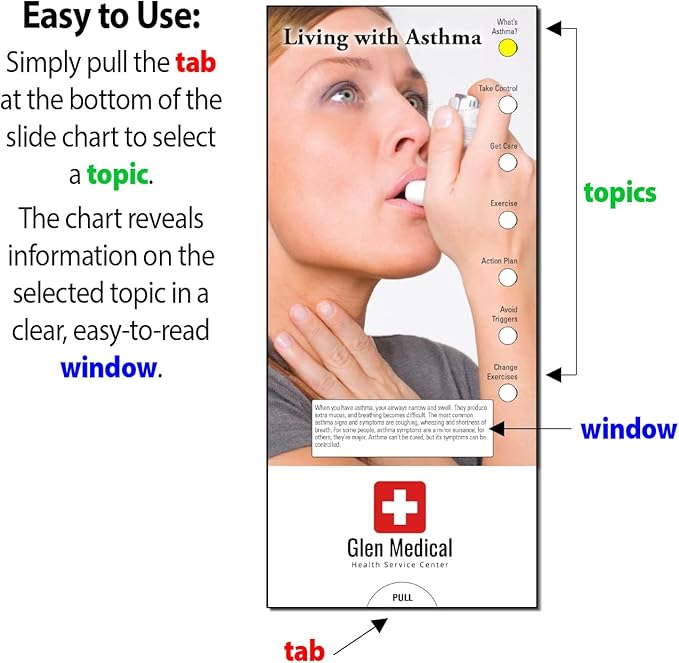 ZOCO - Living with Asthma Slide Chart - Custom Promotional Item (Pack of 250) - Medications, Inhalers, Triggers - Doctor’s Office, Clinics, Pharmacies Handout, Brochure, Pamphlet - 3.75 x 8.5 in.