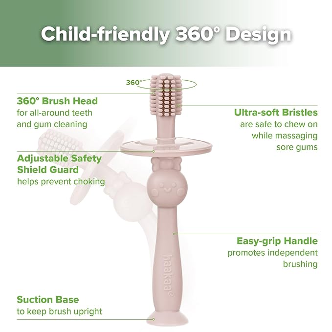 haakaa 360° Baby Toothbrush with Suction Base - Gentle Cleaning for Toddler's Self-Brushing Training, Food-Grade Silicone, Adjustable Safety Shield - Dusty Pink (1 Piece)