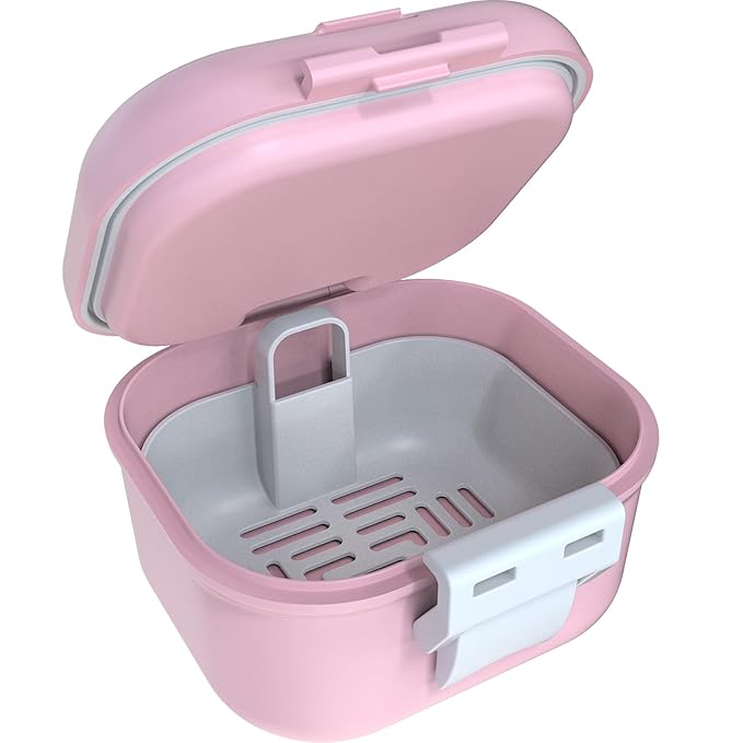 ARGOMAX Leak Proof Denture Bath Cup, Portable Soaking Denture Box, Denture Bath Case with Strainer, for Dentures and Braces, Upgraded Version with Storage Compartment (Pink + White).