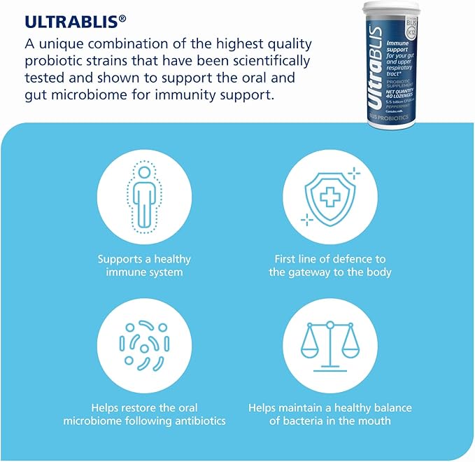 BLIS UltraBLIS Probiotic Immune Support - Gut & Oral Health, K12, Peppermint - 40 Lozenges