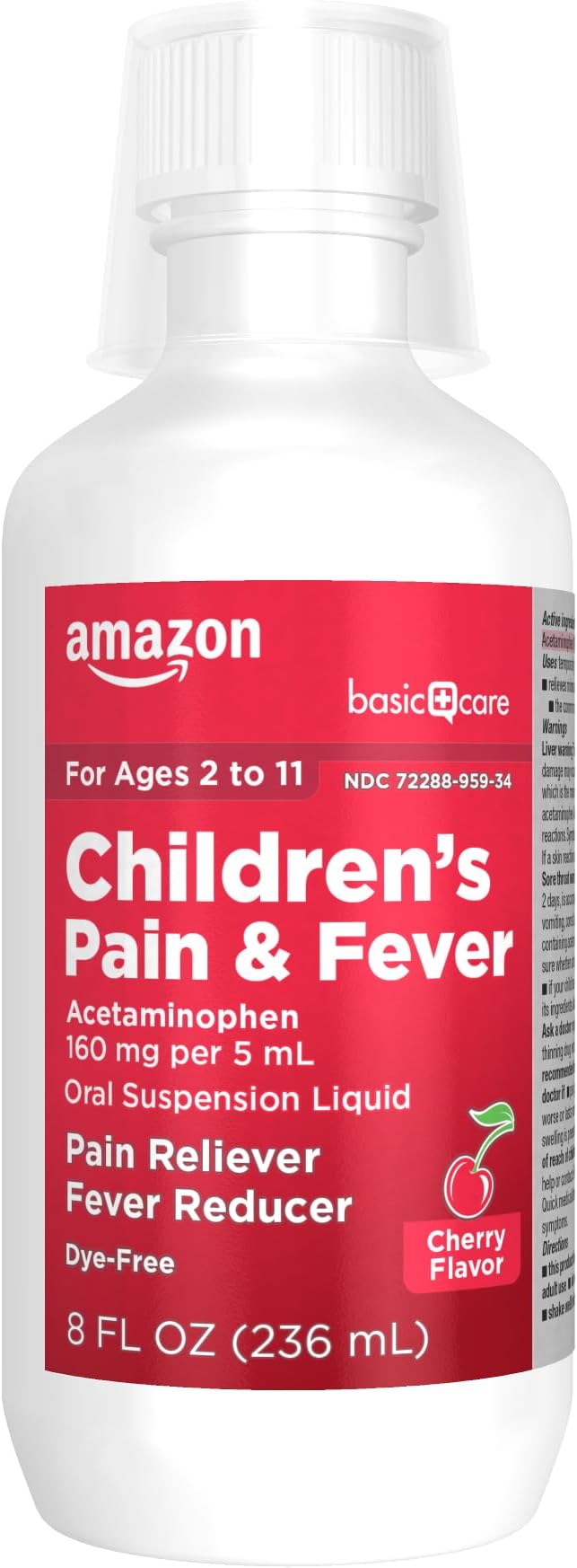 Amazon Basic Care Children's Pain and Fever, Acetaminophen 160 mg per 5 mL Oral Suspension, Dye-Free Cherry Flavor, Fever Reducer and Pain Reliever for Headache, Sore Throat and Toothache, 8 fl oz