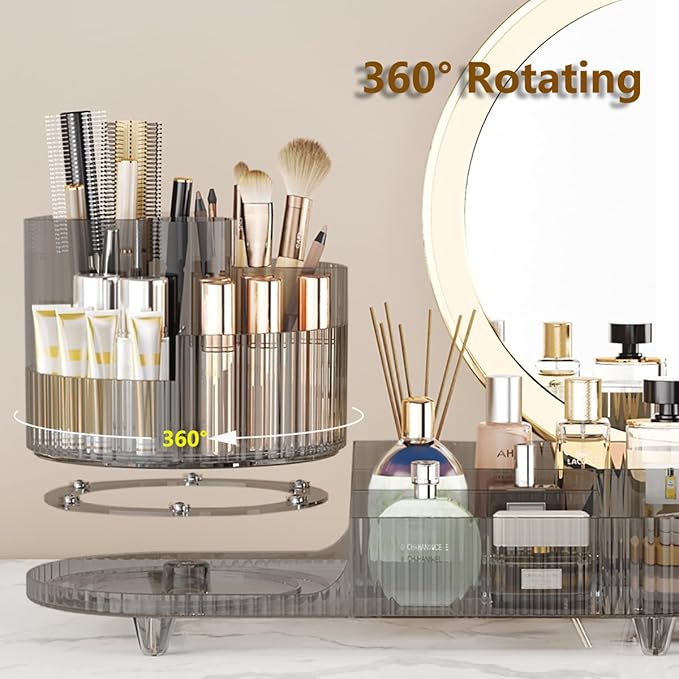 360° Rotating Makeup Organizer for Vanity - Large Capacity Cosmetic Display Case Countertop Cosmetic Storage Holder with Makeup Brush Holders （Gray）