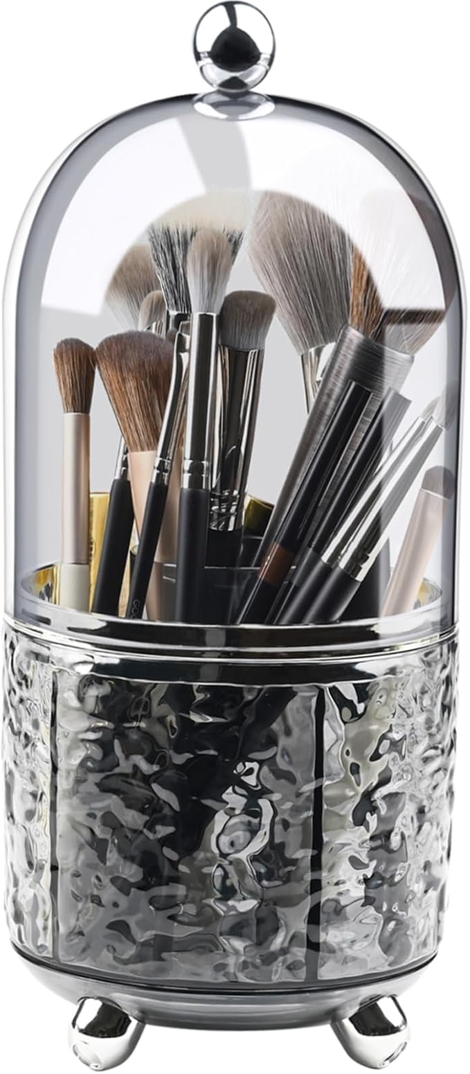 Makeup Brush Holder with Lid 360 Rotating Make up Brushes Storage for Vanity, Waterproof & Dustproof (Greyish-Green)