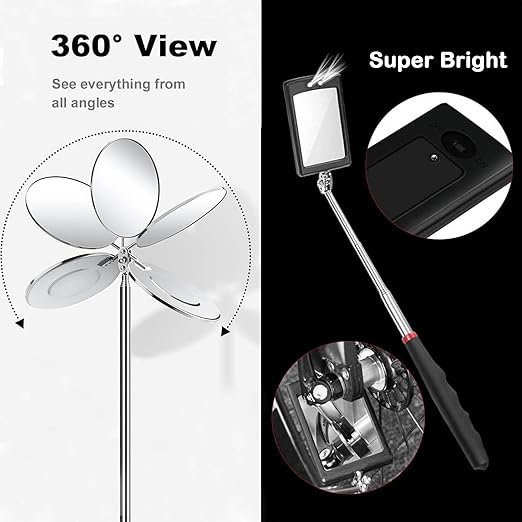 2PCS Telescopic Inspection Mirror, LED Telescopic Inspection Mirror,Portable Round 360 Degree Rotating Inspection Mirror Flashlight and Round/Square Inspection Mirror
