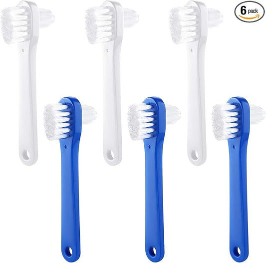 Patelai 6 Pack Denture Cleaning Brush Dual Head Portable Denture Toothbrush Hard Double Sided Multi-Layered Bristles False Teeth Toothbrush for Care Clean Clear Brace Mouth Guard(Blue White,Flat)
