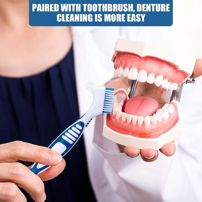 2 Pack Denture Bath Case Cup Box Holder Storage Container with Denture Cleaner Brush Strainer Basket for Travel Cleaning (White and Blue)