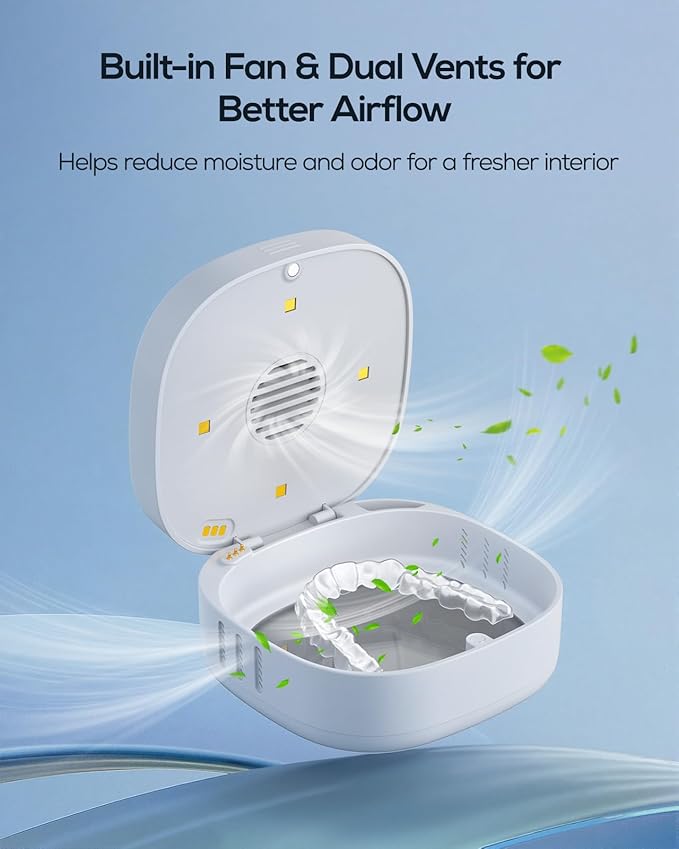 Nulaxy UVC Retainer Case with Fan, Magnetic Closure Aligner Case Includes Vent Holes and Mirror, Portable Retainer Box with Removal Tool and Brush, White