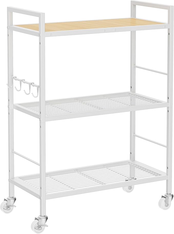 XIVIRACK 3-Tier Metal Storage Rack with Industrial Wheels,Mesh Shelving Unit with Wooden Table top,Adjustable Shelf,23.6-Inch Width,for Kitchen,Laundry,Pantry,Plant,Oak panel and white frame