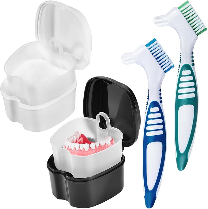 2 Pack Denture Bath Case Cup Box Holder Storage Container with Denture Cleaner Brush Strainer Basket for Travel Cleaning (White and Black)