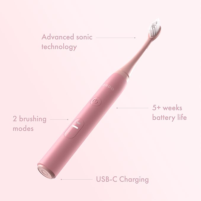 ORDO Lite Sonic Toothbrush, Electric Toothbrushes with 35,000 Pulses Per Min, Dual Modes, Over 5 Weeks Battery, Smart Timer, Waterproof, USB C, Petal