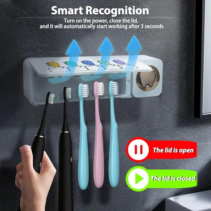Bathroom Toothbrush Holder, Labelable with User Name, Multi-Slot Toothbrush Cleaner, Rechargeable Toothbrush Holder, Wall Mounted, for Bathroom, No Drilling Required, 5 Slots