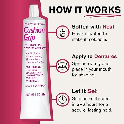 Cushion Grip Thermoplastic Denture Adhesive 1oz (5 Pack)–Extra Strong Hold Up to 4 Days, Unmatched Strength, Waterproof & Zinc Free, Relieves Sore Gums, Comfortable Refit, Long Lasting Denture Refit
