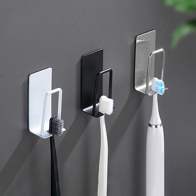 Stainless Toothbrush Rack Wall Adhesive Holder with Cup Black 2pcs Hanging Bathroom Organizer for Electric and Manual Toothbrushes