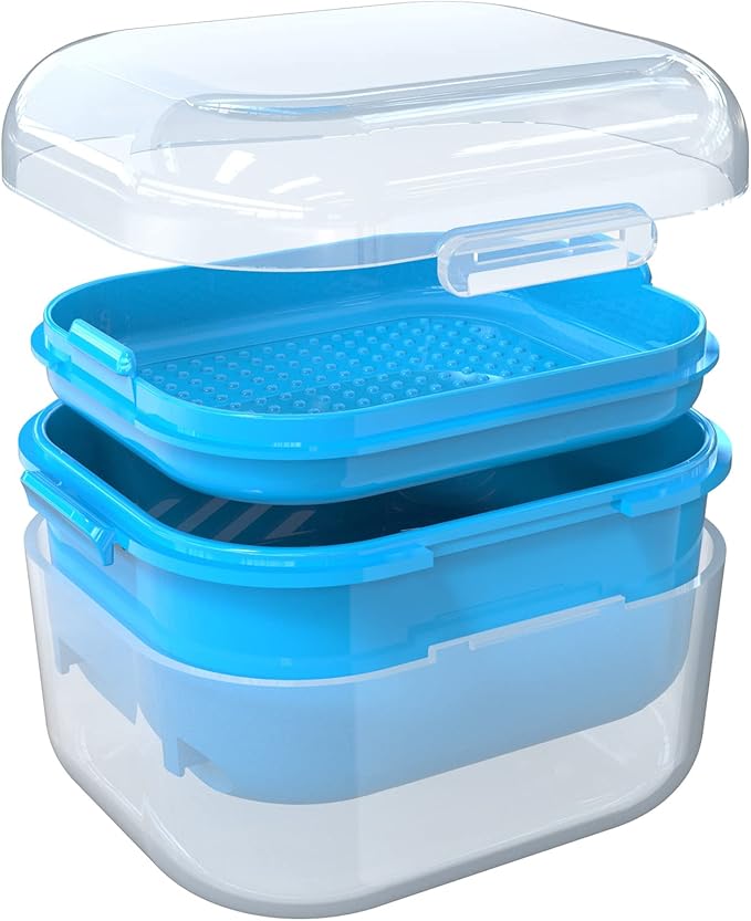 ARGOMAX Denture Case, Denture Cup for Soaking Dentures(Not Leak-Proof), Thorough Cleaning of Dentures, Retainer, Mouthguards, Clear Braces (Light Blue).