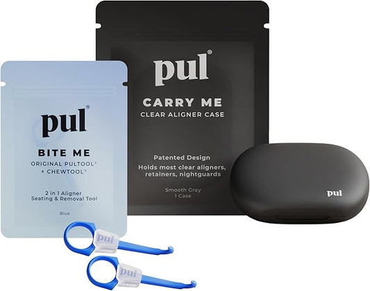PUL Aligner Care Convenience Kit – Case + 2-in-1 Tool for Invisalign, Retainers, Partial Dentures, Mouth & Night Guards & More – Gray Case & 2-Pack of Blue Aligner Seating Chewie & Removal Tool