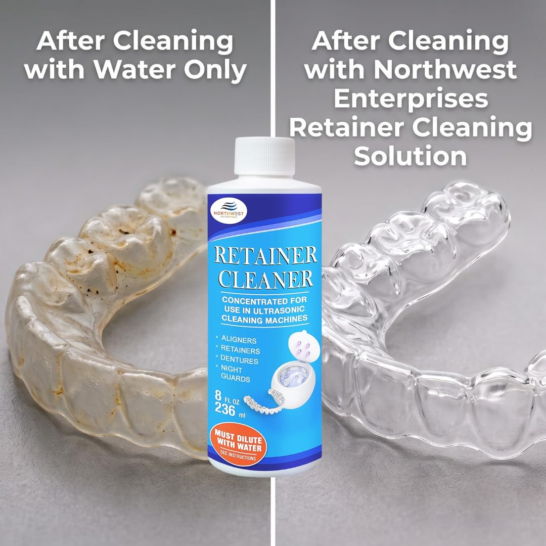 A bottle of Northwest Enterprises Retainer Cleaner stands in the center between two clear dental retainers. Text at the top reads 'After Cleaning with Water Only' on the left and 'After Cleaning with Northwest Enterprises Retainer Cleaning Solution' on the right.