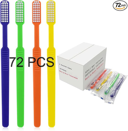 B Rush Prepasted Disposable Toothbrush -No Need Water, Toothpaste Integrated, Soft Medium Bristles Travel/Airbnb, 4 Colors Adult Bulk Pack,Mint Flavor (72 Pcs), Individually Wrapped for Travelling,