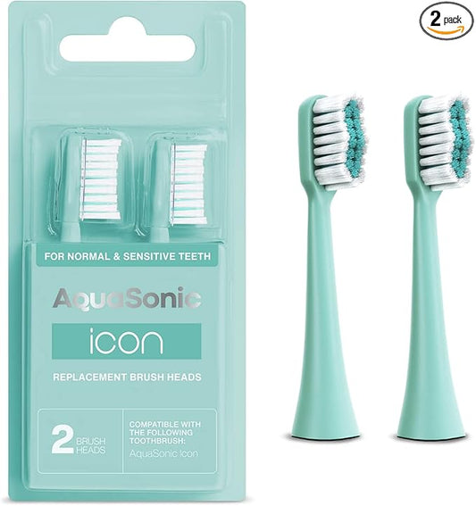 AquaSonic Genuine Icon Replacement Brush Heads | Compatible with AquaSonic Icon Toothbrush | 2 Brush Heads | for Normal & Sensitive Teeth (Mint)