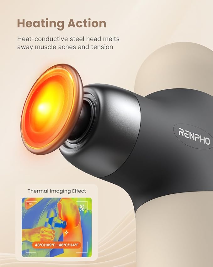 RENPHO Mini Thermal Massage Gun with Heat, FSA Eligible HSA, Valentines Birthday Gifts for Women Men, Portable Deep Tissue Percussion Massager, Color Silicone Sleeves Travel Size with Carry Case, Grey